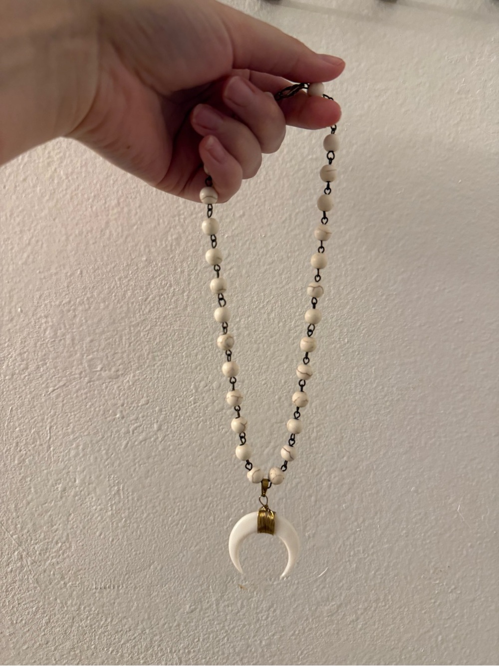 Beaded Crescent Pendant Necklace - White